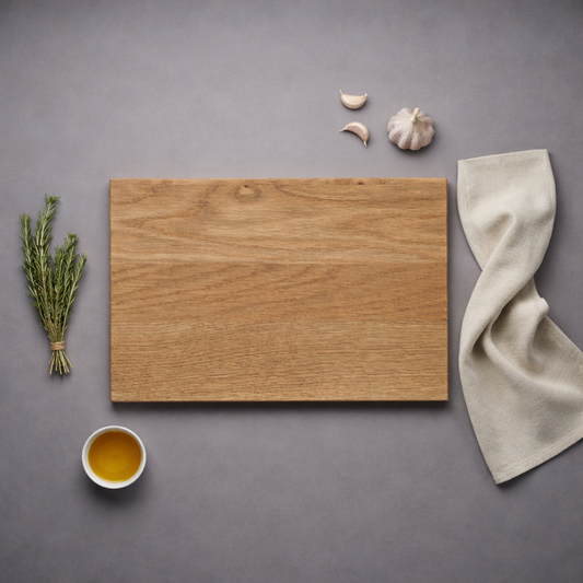 Schneidebrett aus Eichenholz von oben fotografiert, mit Kräutern, Knoblauch und Öl auf dunklem Hintergrund