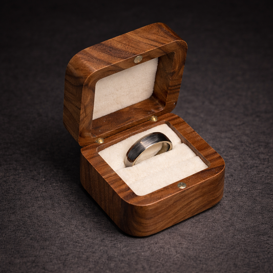 Ringbox aus Nussbaumholz mit Verlobungsring in gepolsterter Schmuckbox
