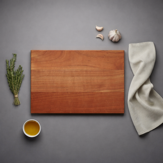 Schneidebrett aus Kirschbaumholz mit Kräutern, Knoblauch und Öl auf dunklem Hintergrund inszeniert