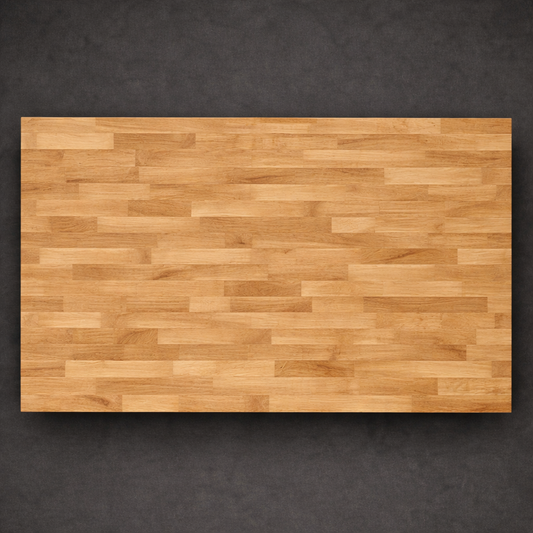 Tischplatte aus verleimter Eiche mit durchgehender Holzstruktur aus der Draufsicht.