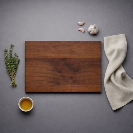 Schneidebrett aus Nussbaumholz von oben fotografiert, mit Kräutern, Knoblauch und Öl auf dunklem Hintergrund