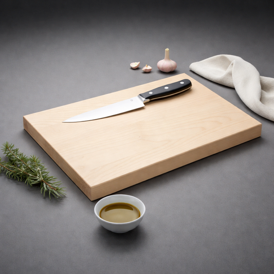 Schneidebrett aus Ahornholz mit Küchenmesser, Knoblauch, Kräutern und Öl auf dunklem Hintergrund