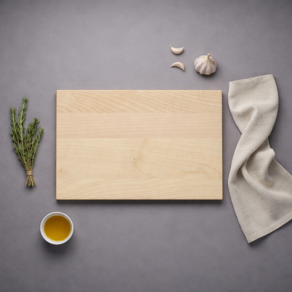 Schneidebrett aus Ahornholz von oben fotografiert, mit Kräutern, Knoblauch und Öl auf dunklem Hintergrund