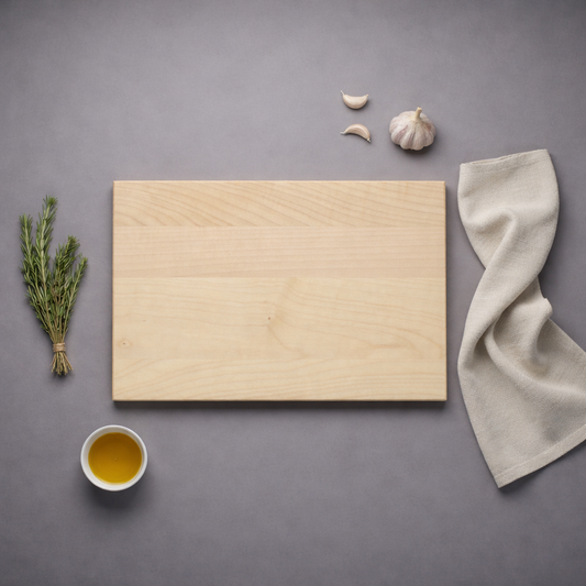 Schneidebrett aus Ahornholz von oben fotografiert, mit Kräutern, Knoblauch und Öl auf dunklem Hintergrund