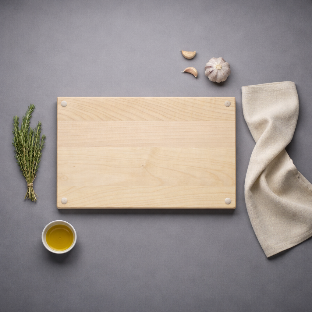 Rückseite eines Schneidebretts aus Ahornholz mit Antirutschfüssen, daneben Kräuter, Knoblauch und eine Schale Öl auf dunklem Hintergrund