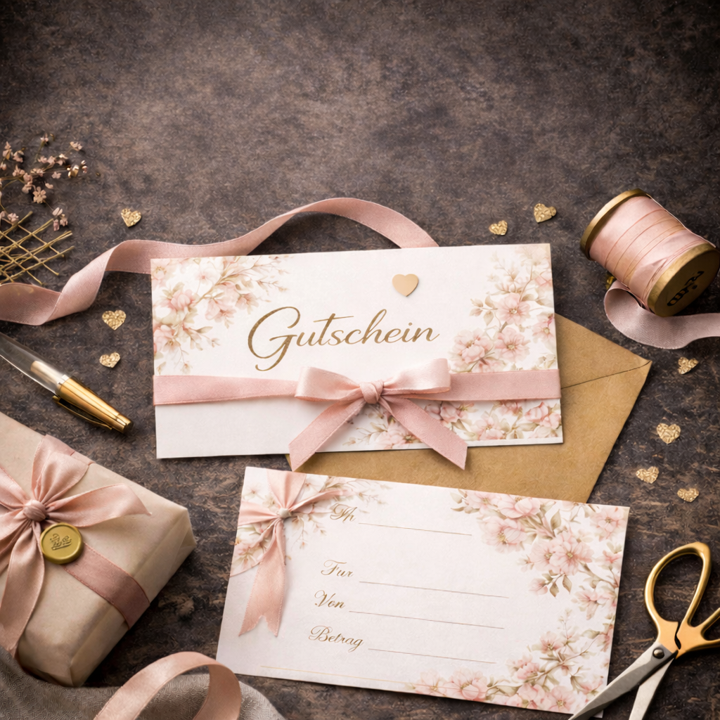 Geschenkgutschein mit Schleife und Blumenmotiv als Geschenkidee für hochwertige Holzprodukte.