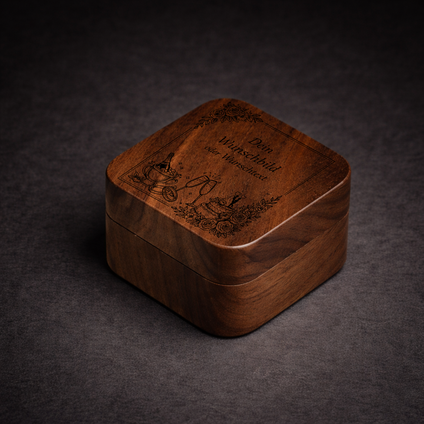 Ringbox aus Nussbaumholz mit graviertem Hochzeitmotiv und Platzhalter „Dein Wunschbild oder Wunschtext“