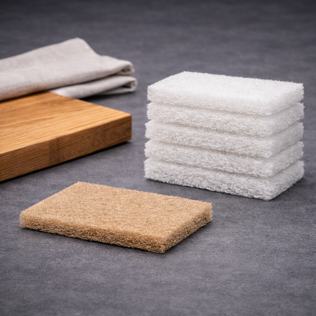 Schleifpads zur Holzpflege für Schneidebretter und Massivholzoberflächen neben Holzbrett auf neutralem Hintergrund.