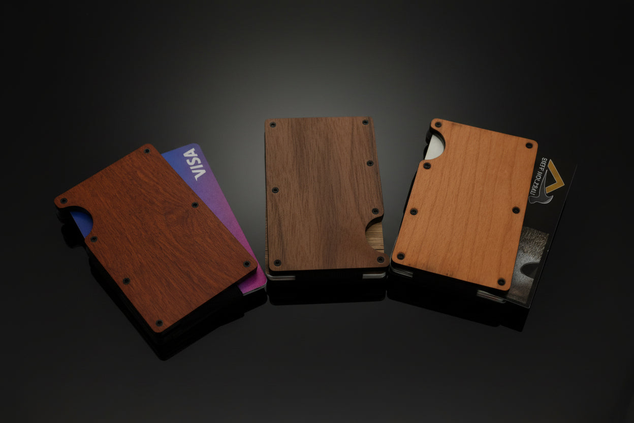 Labesi Smartwallet Kollektion aus verschiedenen Holzarten mit Karten auf dunklem Hintergrund mit Spiegelung.