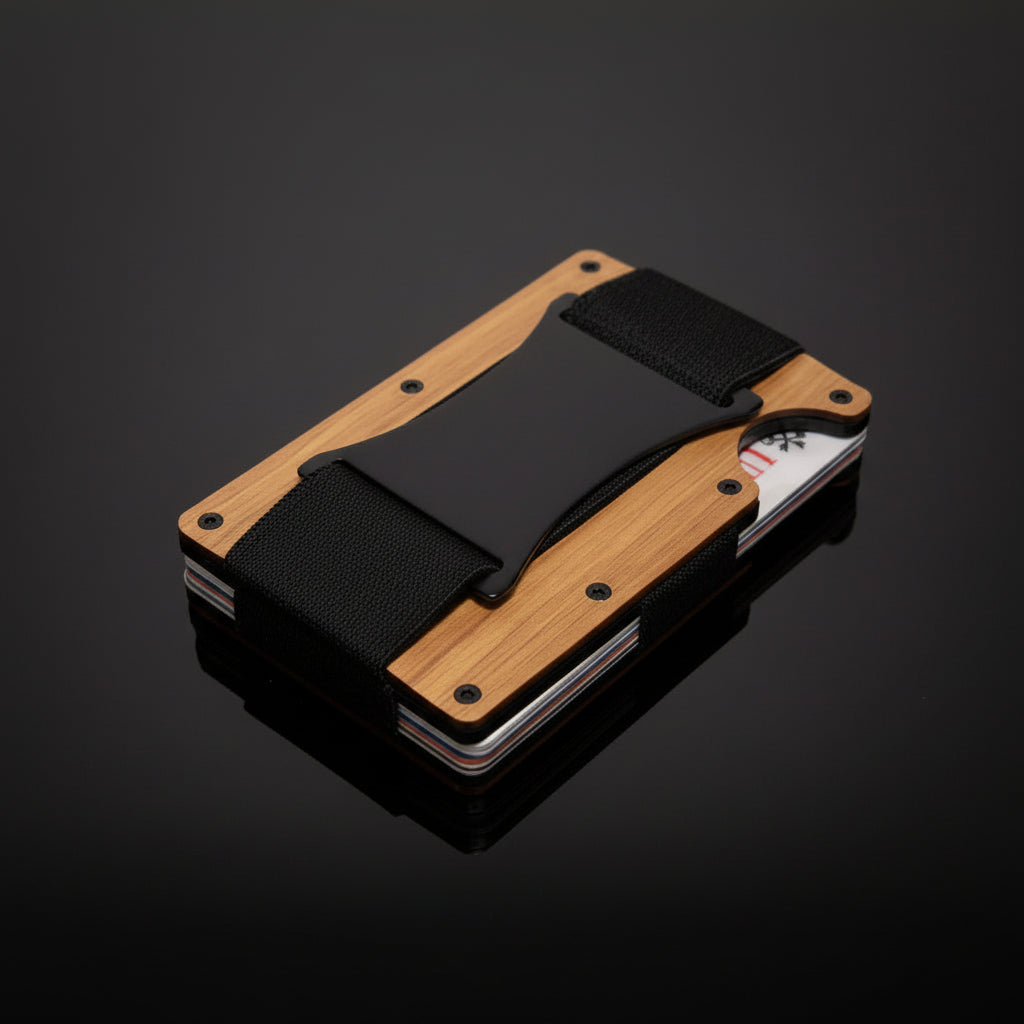 Labesi Smartwallet aus Kirschbaumholz mit schwarzem Elastikband und Kartenhalter auf dunklem Hintergrund mit Spiegelung.