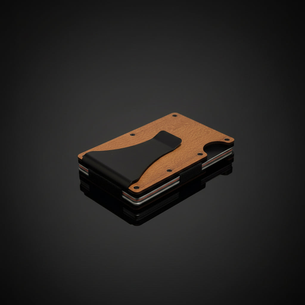 Labesi Smartwallet aus Kirschbaumholz mit schwarzem Kartenclip auf dunklem Hintergrund mit dezenter Spiegelung.