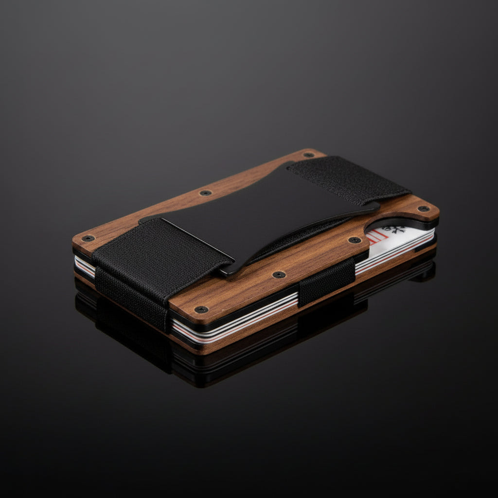 Labesi Smartwallet aus Nussbaumholz mit schwarzem Elastikband und Kartenhalter auf dunklem Hintergrund mit Spiegelung.