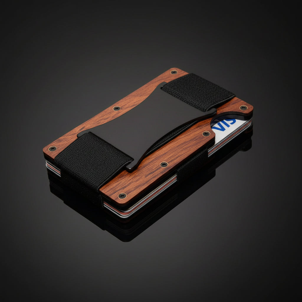 Labesi Smartwallet aus Rosenholz mit schwarzem Elastikband und Kartenhalter auf dunklem Hintergrund mit Spiegelung.