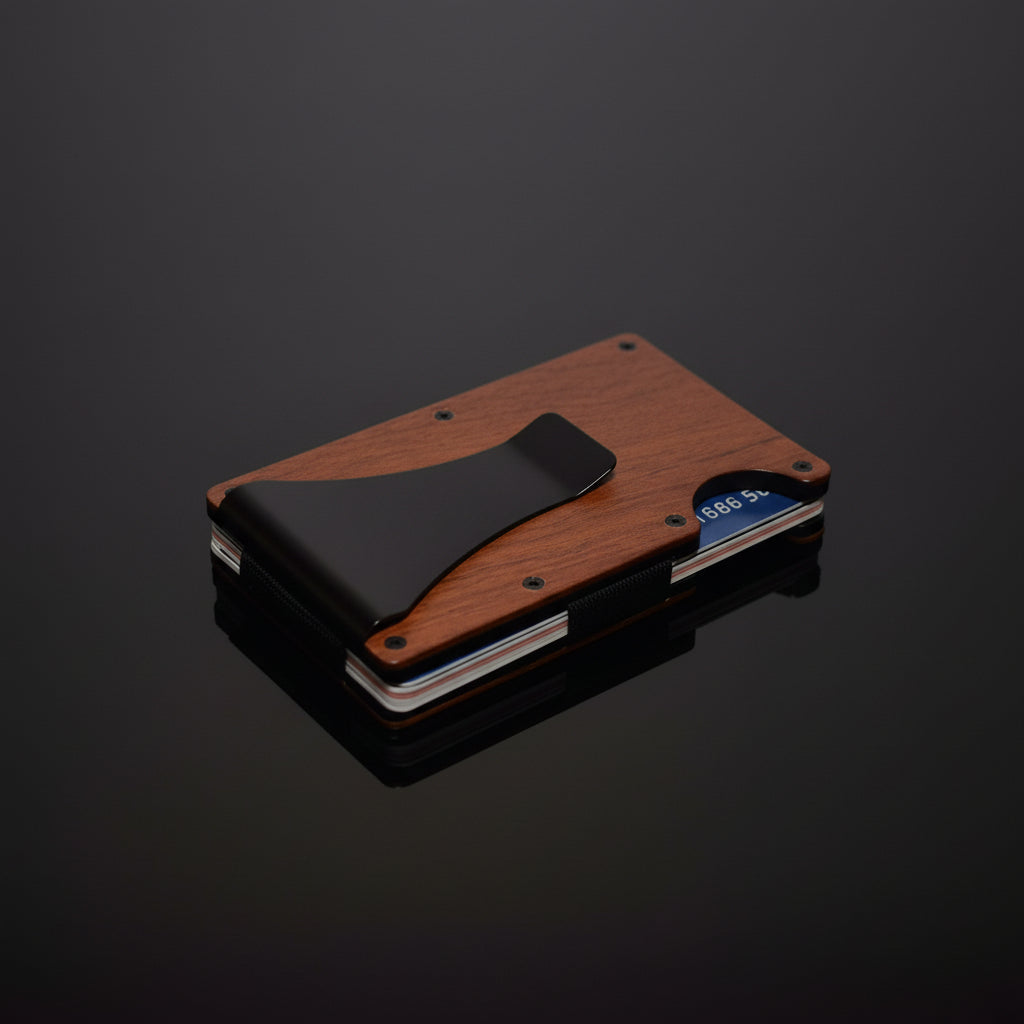 Labesi Smartwallet aus Rosenholz mit schwarzem Kartenclip und sichtbarem Kartenfach auf dunklem Hintergrund mit Spiegelung.
