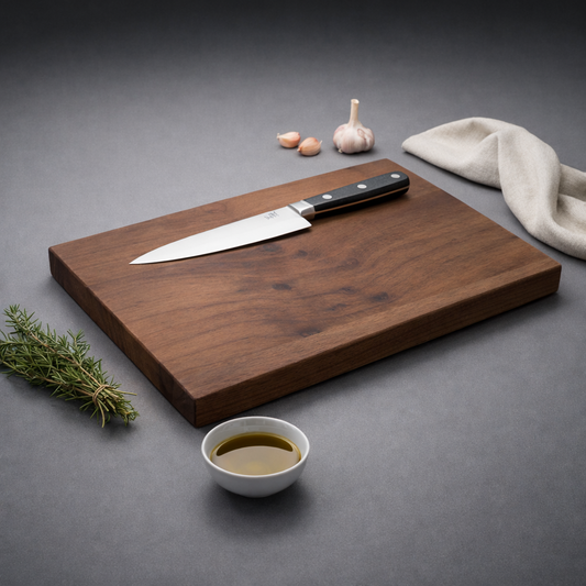 Schneidebrett aus Nussbaumholz mit Küchenmesser, Kräutern, Knoblauch und Öl auf dunklem Hintergrund